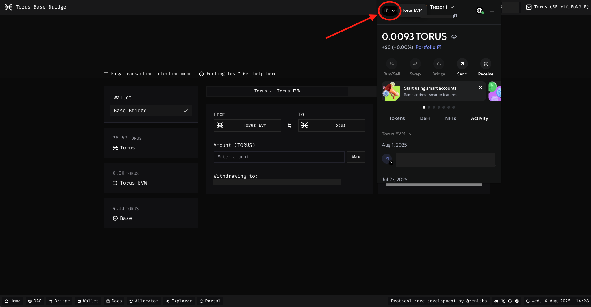 MetaMask connected to Torus EVM